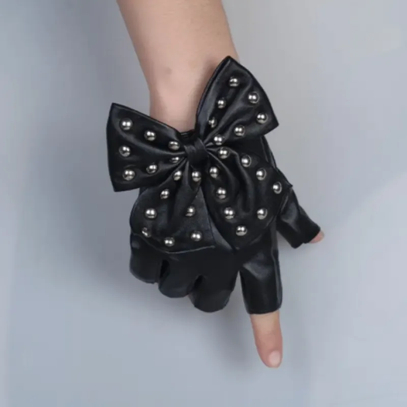 دستکش چرمی مشکی پاپیونی