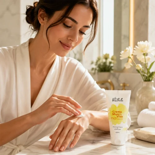 Woman Applying VitaBella Beeswax and Wheat Germ Nourishing Cream on Hand