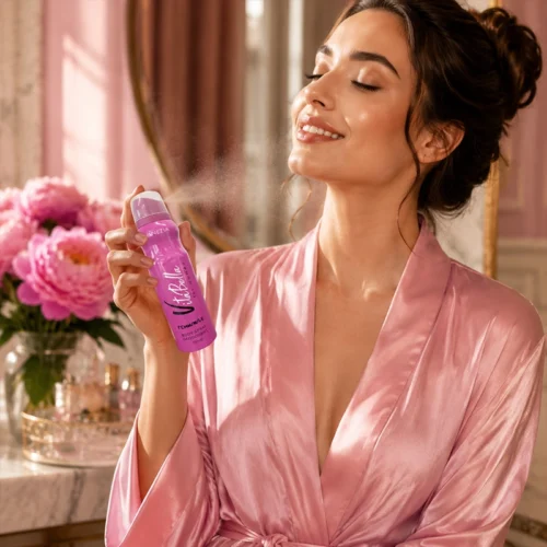 Elegant woman in a pink silk robe spraying Vita Bella Venezia deodorant mist on her neck and chest area.