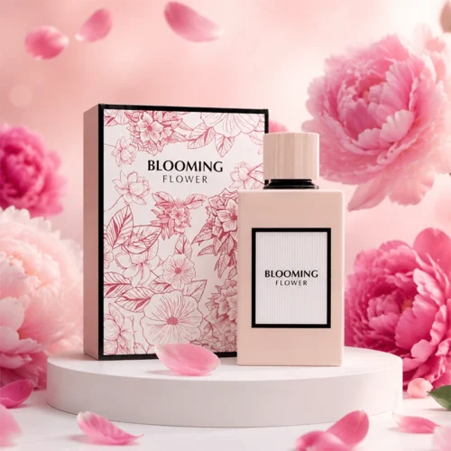 عطر زنانه بلومینگ فلاور همراه با جعبه طرح‌دار گل‌گلی در میان گل‌های صورتی صدتومانی با نورپردازی لطیف آتلیه‌ای.