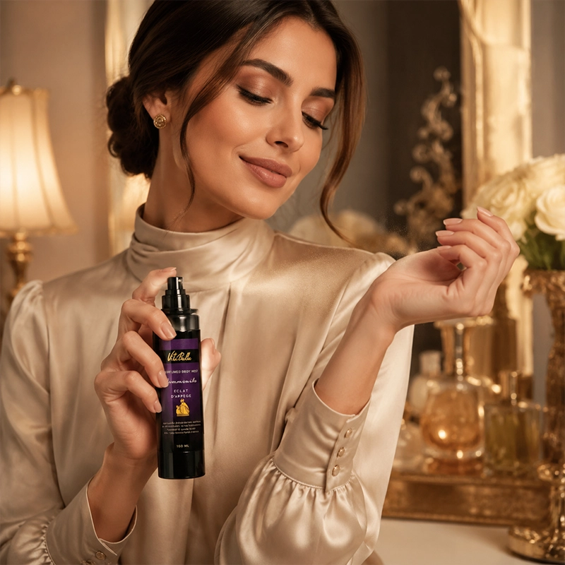 Elegant Woman Spraying VitaBella Eclat D'Arpege Body Mist on Wrist