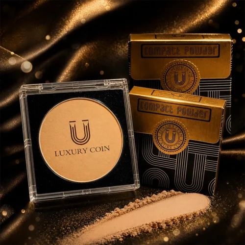 Glamorous Woman Applying Luxury Coin Face Powder Using Makeup Brush