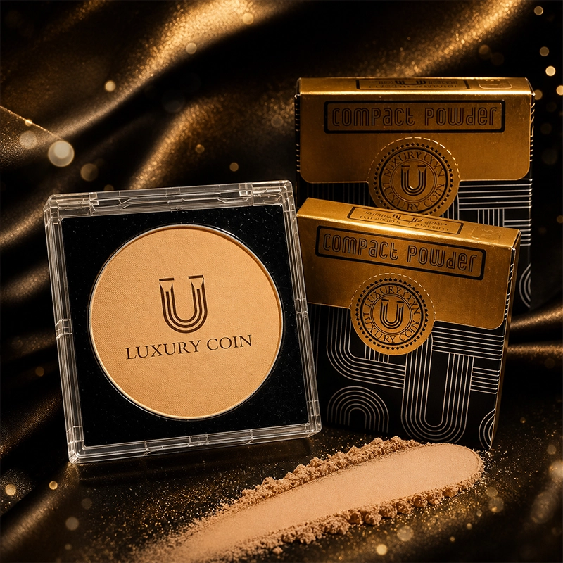Glamorous Woman Applying Luxury Coin Face Powder Using Makeup Brush
