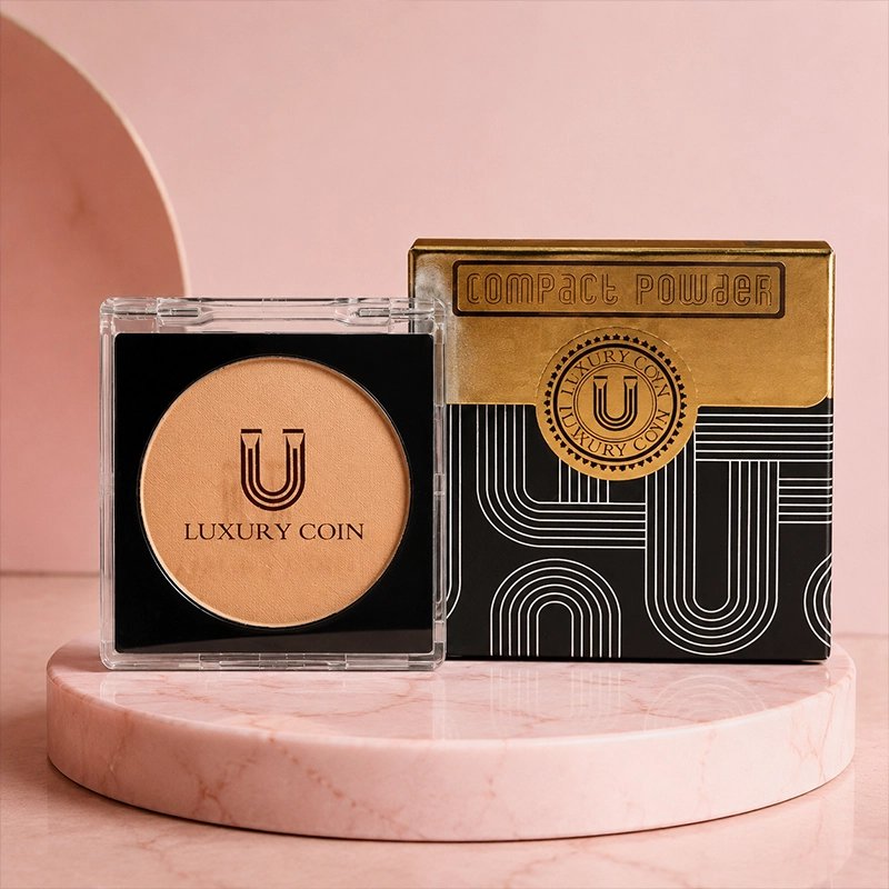 Luxury Coin Compact Powder with Gold Box Packaging on Dark Silk Fabric