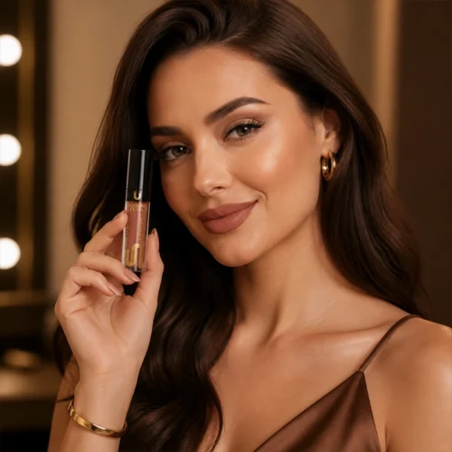 Luxury Coin Matte Liquid Lipstick Applicator with Creamy Swatch on Brown Satin