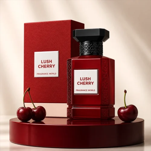 ادکلن Lush Cherry Fragrance World با بطری قرمز و طراحی لوکس