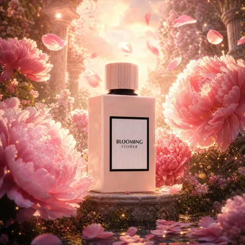 بطری عطر بلومینگ فلاور در یک فضای باغی رویایی و درخشان با گل‌های بزرگ صورتی و ذرات نورانی در هوا.