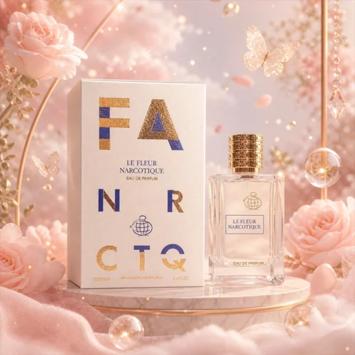 ادکلن Le Fleur Narcotique با بطری شفاف و درپوش طلایی در فضای مجلل قرمز و طلایی