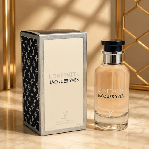 خرید ادکلن L’Infinite Jacques Yves با بطری شفاف و جعبه مونوگرام سورمهای