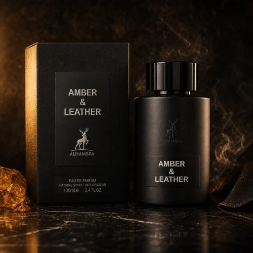 عطر و جعبه آمبر اند لدر الحمبرا، مشکی و شیک، روی سطح مرمری تیره، همراه با هاله‌ای از بخار و تکه‌ای کهربای طلایی در پس‌زمینه دراماتیک.