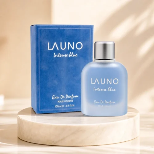 خرید ادکلن Launo Intense Blue با بطری مات آبی و جعبه جیر روی پایه مرمر