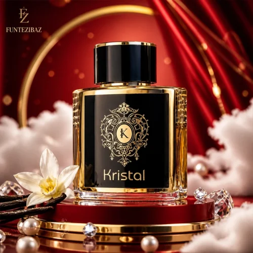 عطر زنانه کریستال روی سکوی قرمز در کنار غلاف‌های وانیل و گل‌های سفید با پس‌زمینه ساتن درخشان.