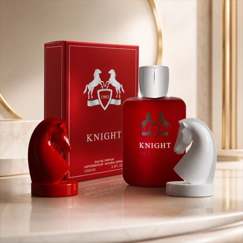 خرید ادکلن Knight 1983 فرگرنس ورد با بطری قرمز مات و مهرههای شطرنج سفید و قرمز روی سنگ مرمر