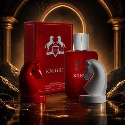 ادکلن Knight 1983 مردانه در فضایی لوکس و دودی با نورپردازی قرمز و تیره