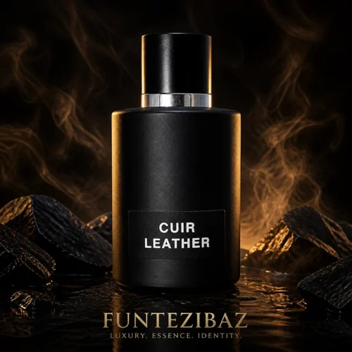 ادکلن Cuir Leather مشکی مات با فضای دودی و طراحی لوکس روی پسزمینه تیره