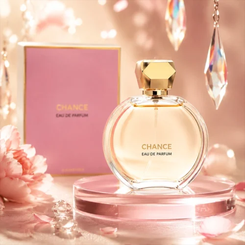 ادکلن Chance Fragrance World در فضایی مجلل با نورپردازی درخشان و ذرات طلایی