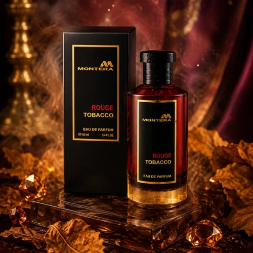 ادکلن Montera Rouge Tobacco با نور قرمز پسزمینه و طراحی لوکس روی سطح مشکی مرمری