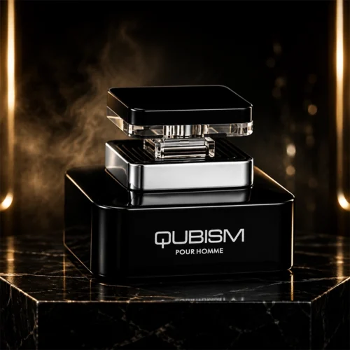 نمای شیک و زاویه‌دار عطر Qubism Pour Homme در فضایی لوکس همراه با نورپردازی گرم.