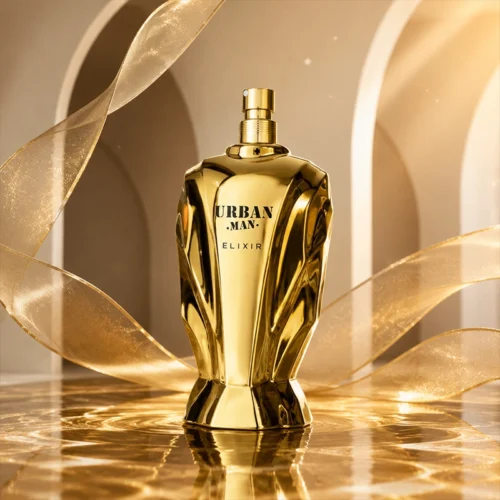 نمای خیره‌کننده از بطری طلایی Urban Man Elixir در پس‌زمینه‌ای تاریک و دودآلود با نورپردازی متمرکز.
