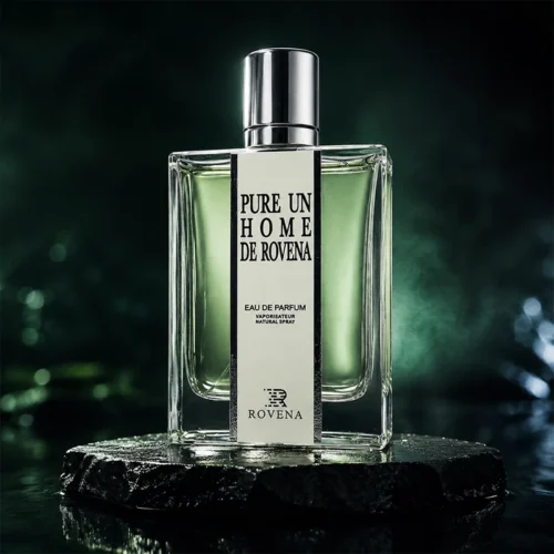 نمای نزدیک بطری عطر Pure Un Home De Rovena با مایع سبز در پس‌زمینه تیره و دراماتیک.
