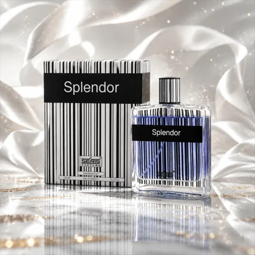 جعبه و بطری عطر اسپلندور سریس پارفومز در کنار روبان‌های سفید حریر و درخشان.