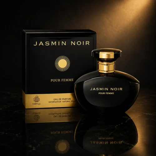 جعبه و بطری ادکلن Jasmin Noir Pour Femme با طراحی مشکی و طلایی روی سطح مرمر