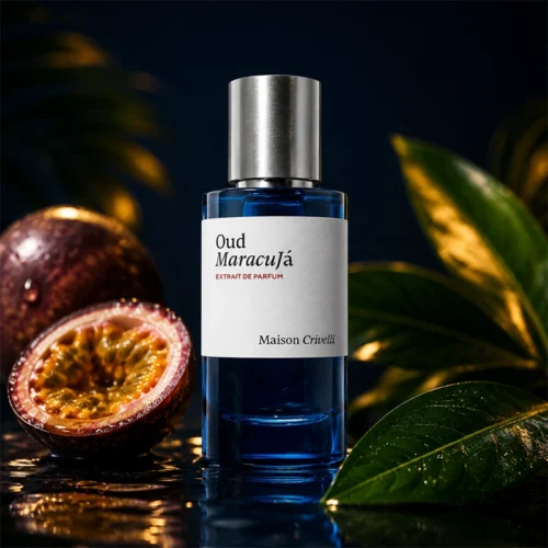 عطر Maison Crivelli Oud Maracujá 50 میل با بطری آبی، تم میوه گلساعتی و فضای لوکس استودیویی