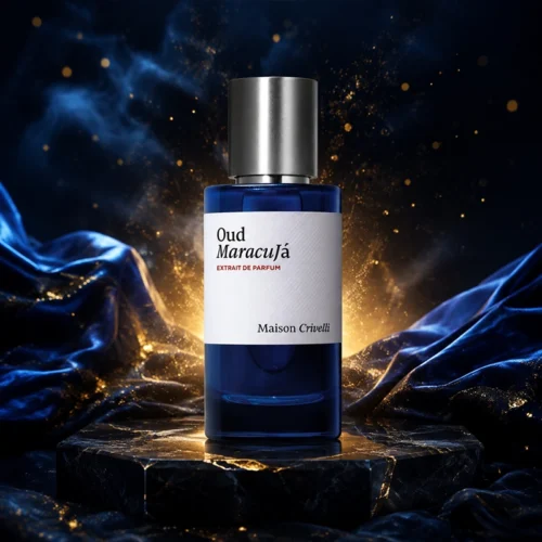 بطری لوکس Maison Crivelli Oud Maracujá 50 میلی‌لیتر با پارچه آبی و ذرات طلایی در پس‌زمینه