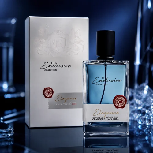 عطر ادکلن Cranford Elegance 125 میل با بطری آبی و جعبه سفید در نورپردازی لوکس
