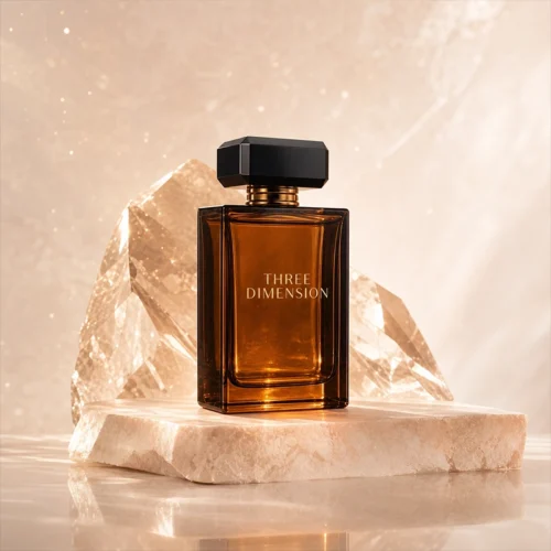 ادکلن Three Dimension Eau de Parfum با بطری شفاف کهربایی روی پایه سنگی در کنار کریستال‌های روشن