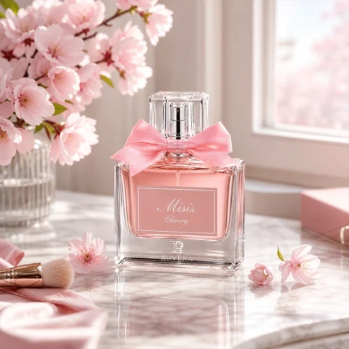 عطر میسیس چری روونا در محیط خانه با پس‌زمینه شکوفه‌های بهاری و نور طبیعی پنجره