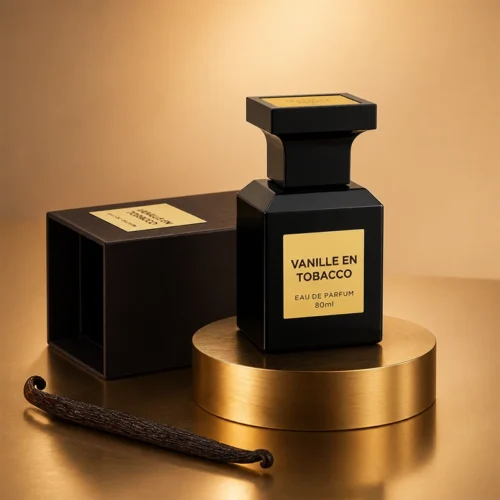 ادکلن Vanille En Tobacco او دو پرفیوم ۸۰ میل با بطری مشکی و پلاک طلایی کنار جعبه و غلاف وانیل