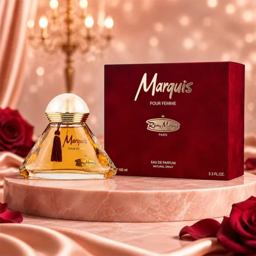 عطر رمی مارکیس مارکیز پور فم 100 میل با بطری طلایی و جعبه زرشکی