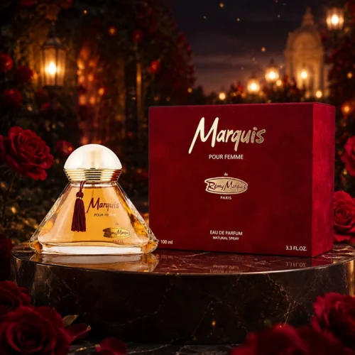 عطر زنانه Marquis Pour Femme 100ml با طراحی شیشه‌ای کلاسیک و جعبه مخملی