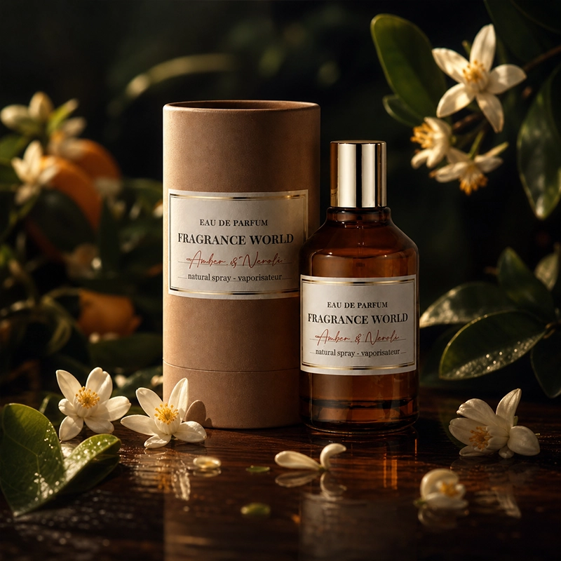 ادکلن Amber & Neroli فراگرنس ورد با بطری قهوهای و درپوش طلایی کنار جعبه استوانهای در میان گلهای سفید