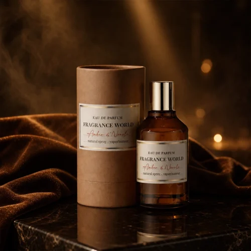 ادکلن Amber & Neroli از برند Fragrance World با شیشه قهوه‌ای و بسته‌بندی استوانه‌ای روی پارچه قهوه‌ای لوکس
