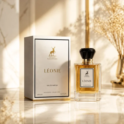 نمای کامل ادکلن Leonie Maison Alhambra با جعبه سفید و بطری طلایی روی سطح مرمر
