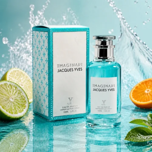 عطر Imaginari Jacques Yves 100 میل با جعبه آبی و سفید در کنار لیمو، پرتقال و برگ سبز با پس‌زمینه آب