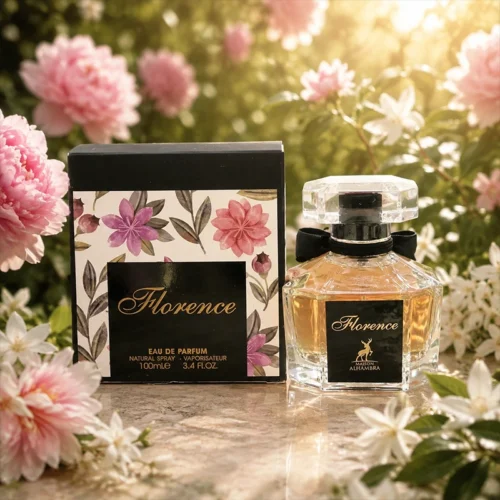 بطری ادکلن Florence Maison Alhambra با مایع طلایی و پاپیون مشکی، بر روی سطحی مرمرین با نور طلایی.
