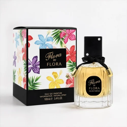 عطر ادکلن Flora by Flora زنانه 100 میل با جعبه گل‌دار در پس‌زمینه سفید