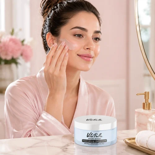 خانم در حال استفاده از کرم ژل آبرسان ویتابلا هیدرو بوست روی صورت