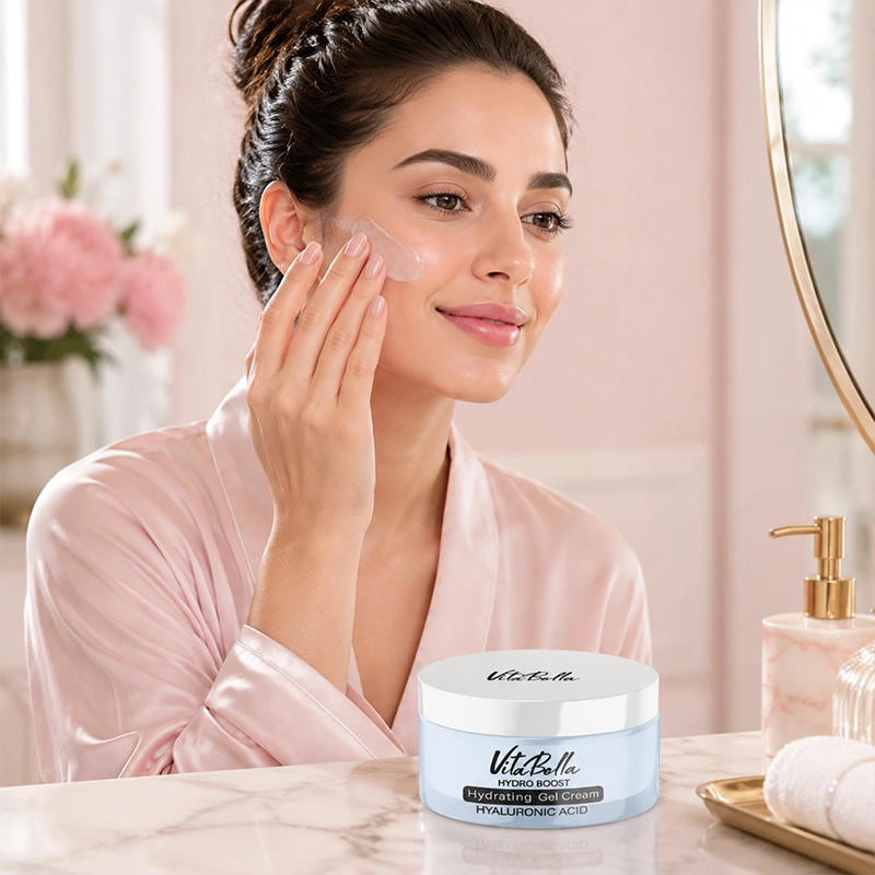خانم در حال استفاده از کرم ژل آبرسان ویتابلا هیدرو بوست روی صورت