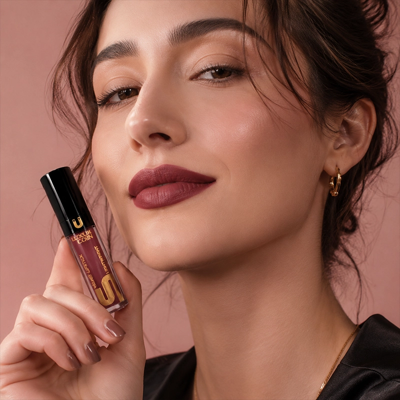 مدل با آرایش لب زرشکی کالباسی مات در حال نمایش رژ لب مایع لاکچری کوین