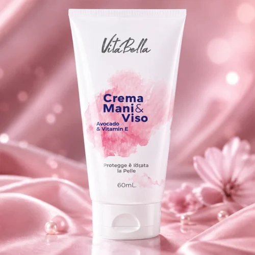 VitaBella Crema Mani and Viso Avocado Moisturizing Cream on Pink Marble Pedestal