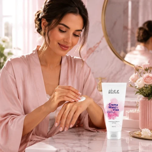 Young Woman Applying VitaBella Avocado and Vitamin E Cream on Hand in Skincare Routine